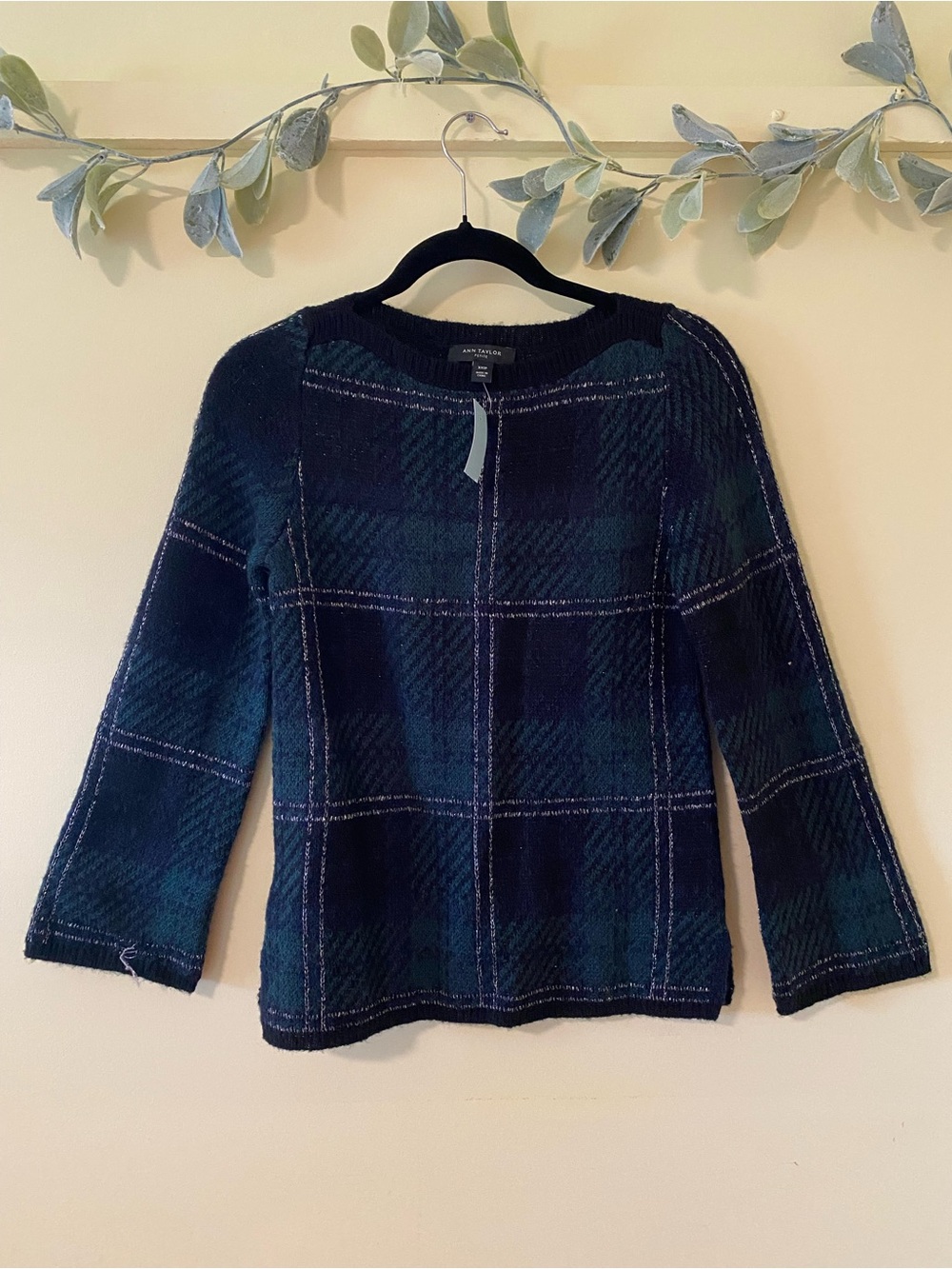 Ann Taylor Green Shimmer Plaid Petite Sweater